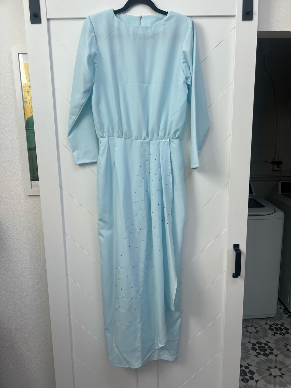 Handmade 1960’s Vintage “Stars” - Elegant Light Blue Long Sleeve Maxi Dress